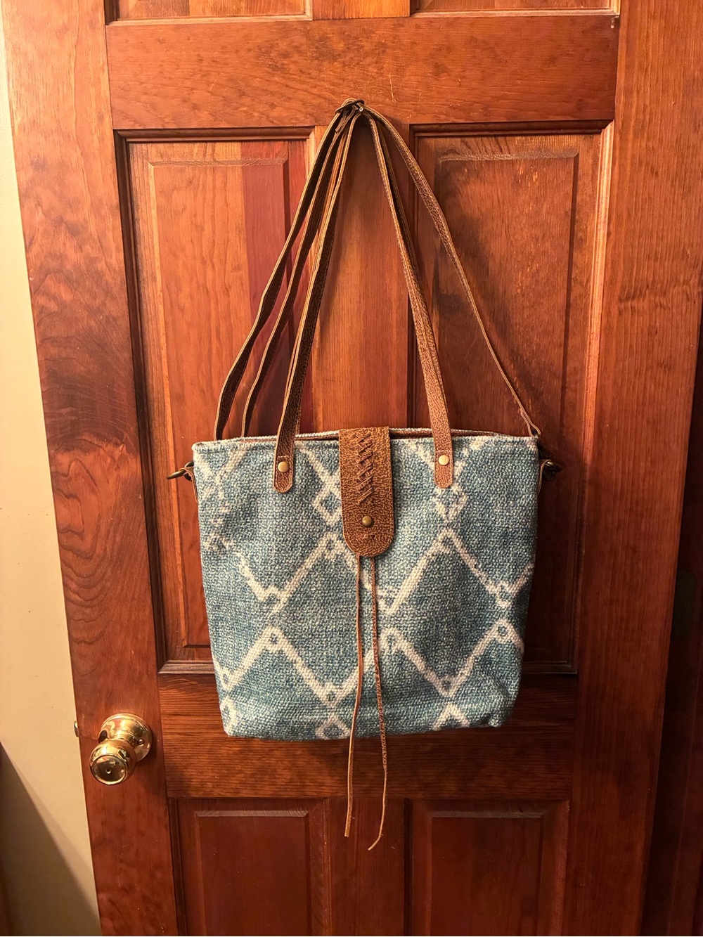Myra Bag BEGUILE, shoulder tote, BLUE and WHITE patterned rug material,